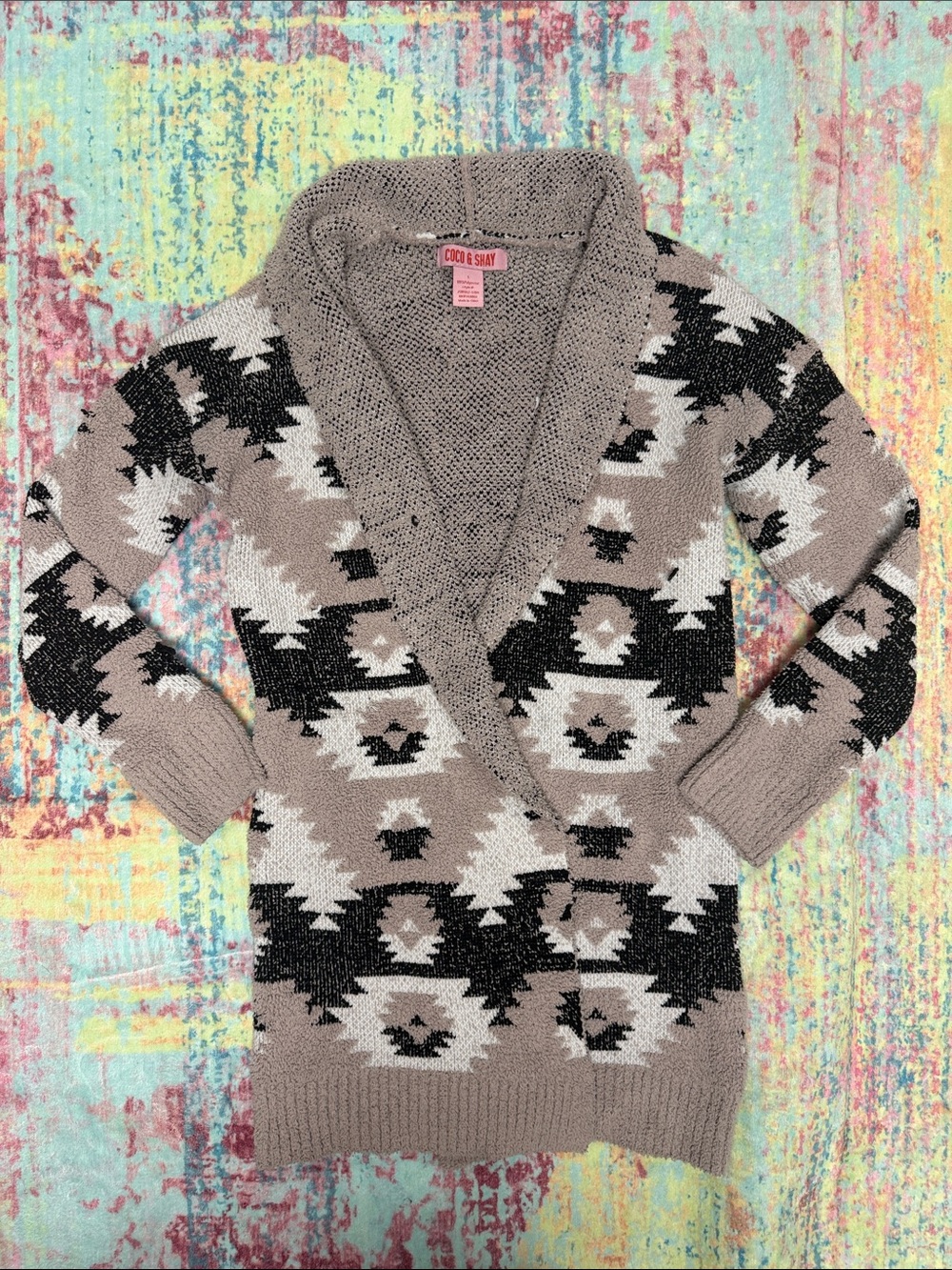 Coco & Sky Taupe Aztec Shawl Collar Cardigan